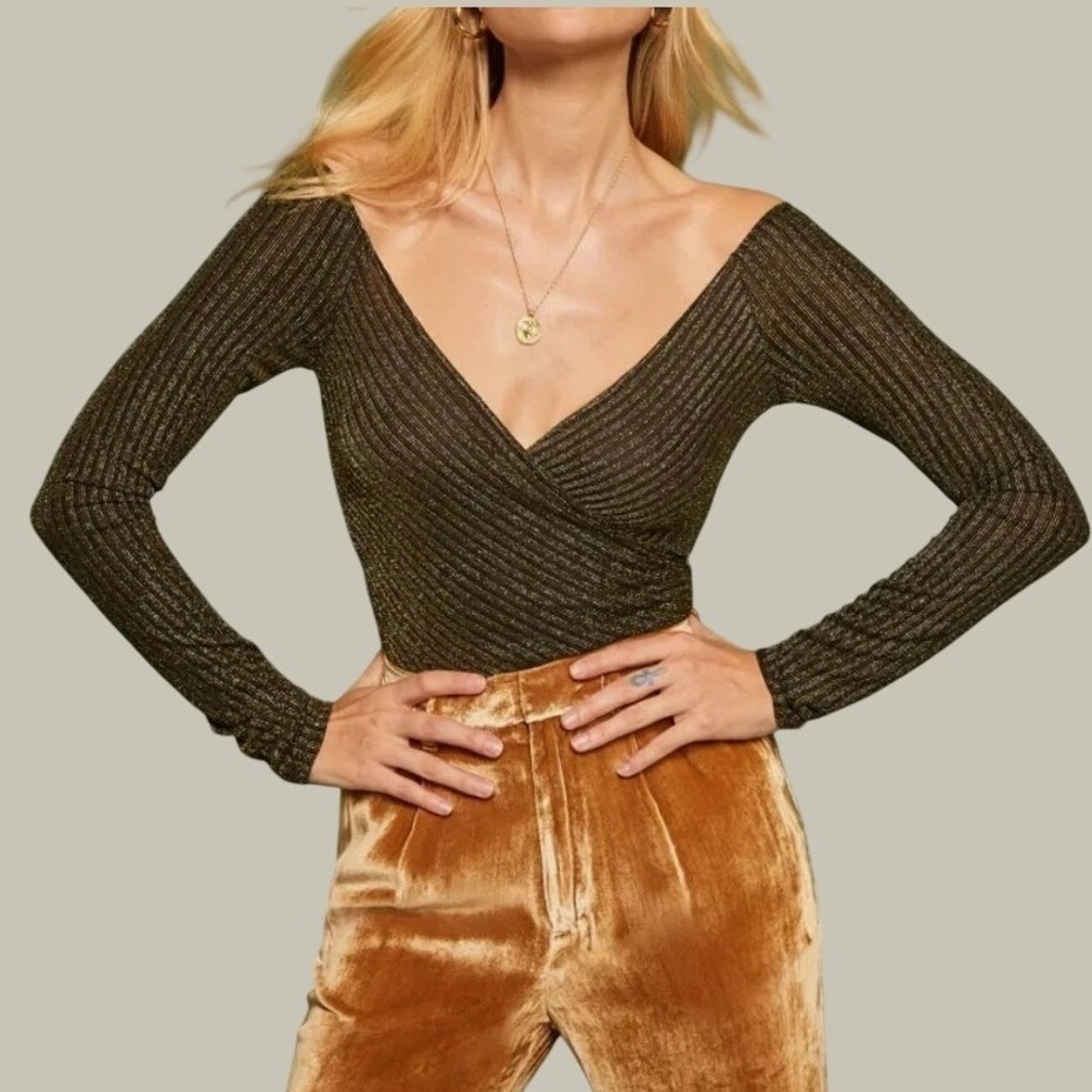 Reformation Gold Metallic Off Shoulder Wrap Crop Top Black Shimmer Long Sleeve S